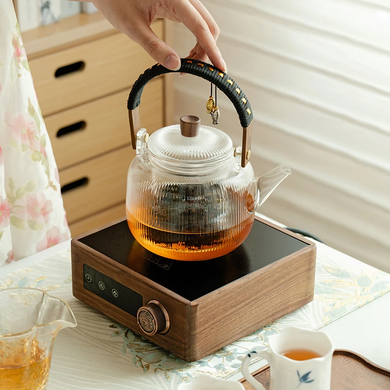 德白2025新款煮茶套装胡桃木小众煮茶炉玻璃烧水壶泡茶专用电陶炉