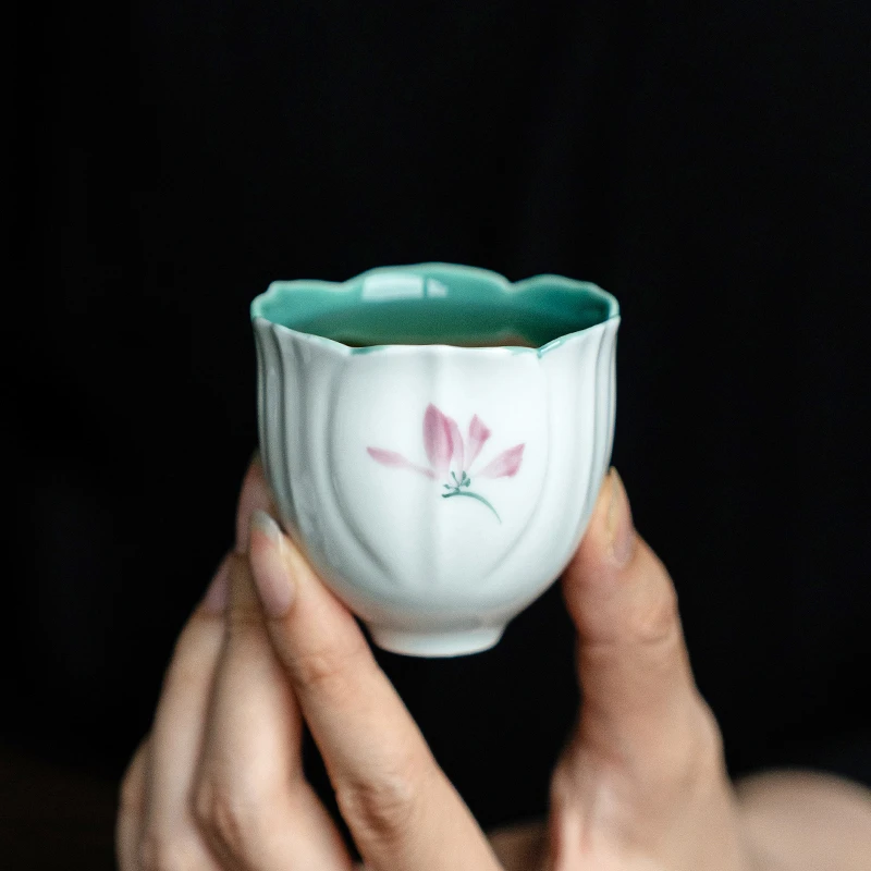 德白松石绿纯手绘粉兰花花苞杯单杯家用品茗杯主人杯女士专用茶杯