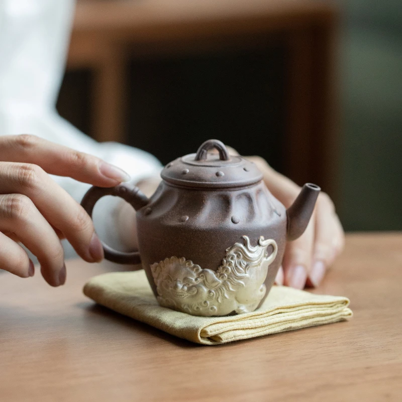 德白老岩泥描银醒狮茶壶家用泡茶功夫茶具茶杯复古中式侘寂风小壶