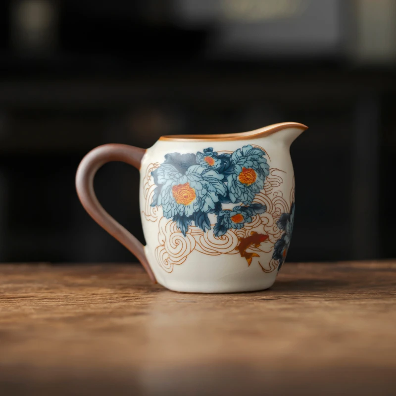 汝窑开片金万花陶瓷公道杯分茶器匀杯带把茶海功夫茶具茶道零配件