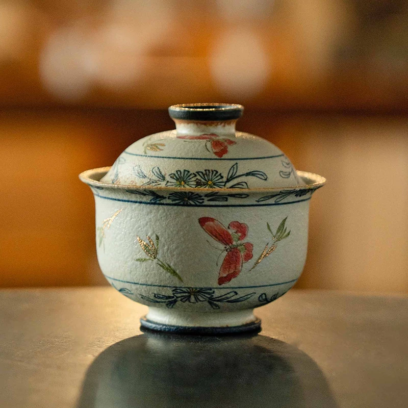 德白青花火石红盖碗茶杯创意描金纯手绘蝴蝶兰花二才泡茶碗礼盒装