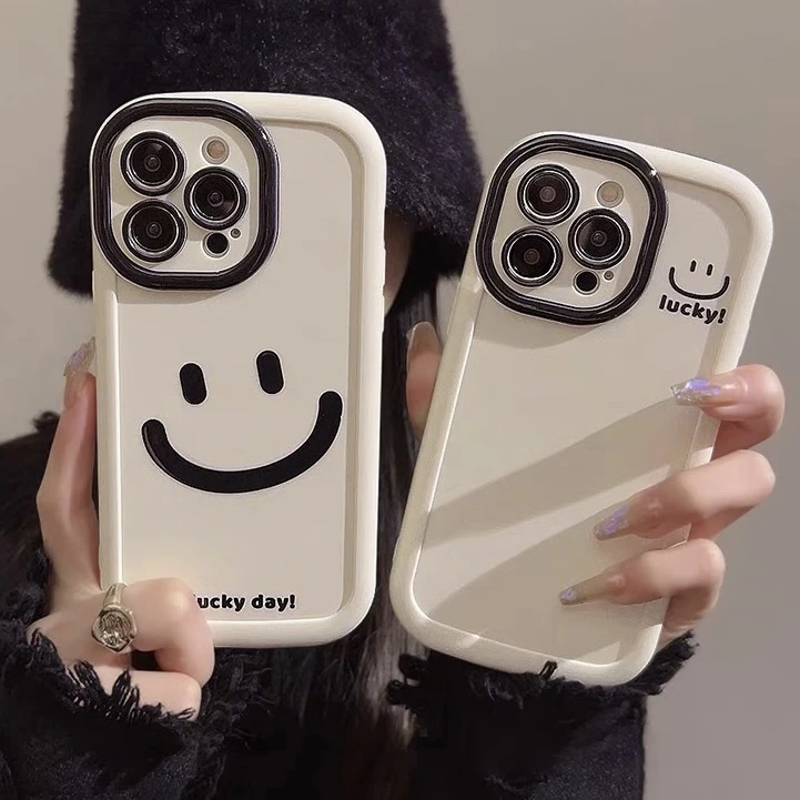 适用苹果/华为/OPPO/VIVO/小米/荣耀磨砂泡芙壳可爱笑脸手机壳ins