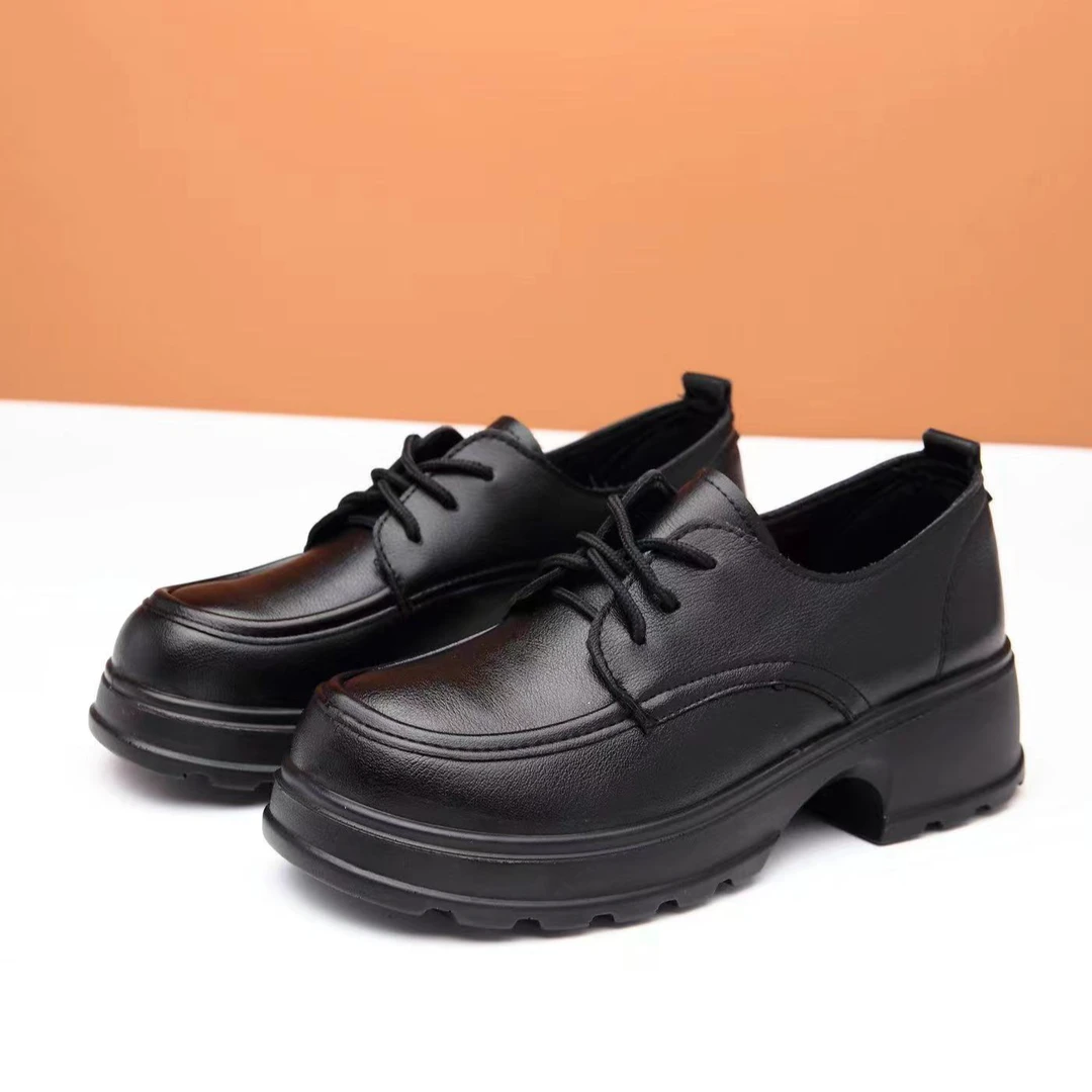 百搭厚软底女士休闲皮鞋秋冬季单鞋爆款圆头黑色乐福鞋舒适时尚鞋