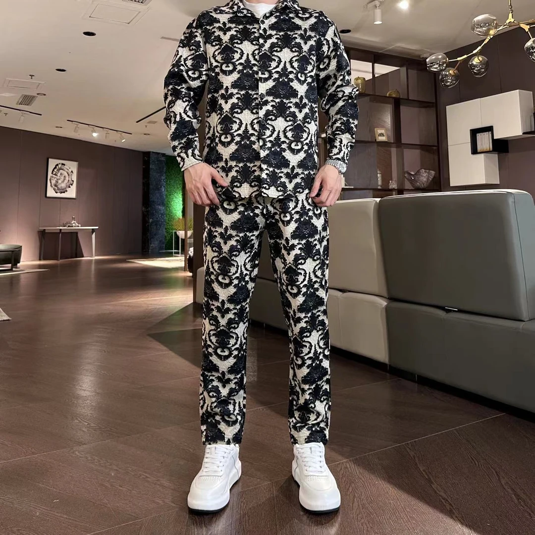 春秋新款衬衫裤子潮流男士大码时尚潮牌轻奢高端鸥花面料休闲套装