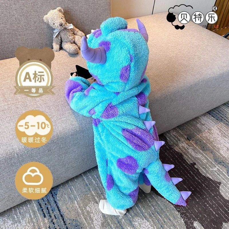 婴儿连体衣冬季加厚毛怪棉服宝宝衣服小怪兽冬装可爱超萌外出抱衣