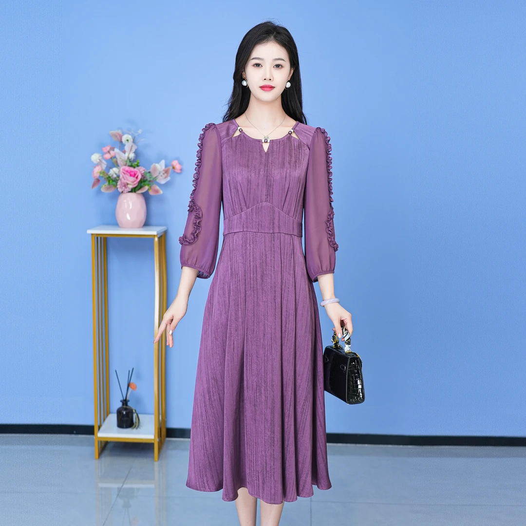 【SJYF1757】秋季新款连衣裙中长款气质中式收腰印花修身女装连衣裙