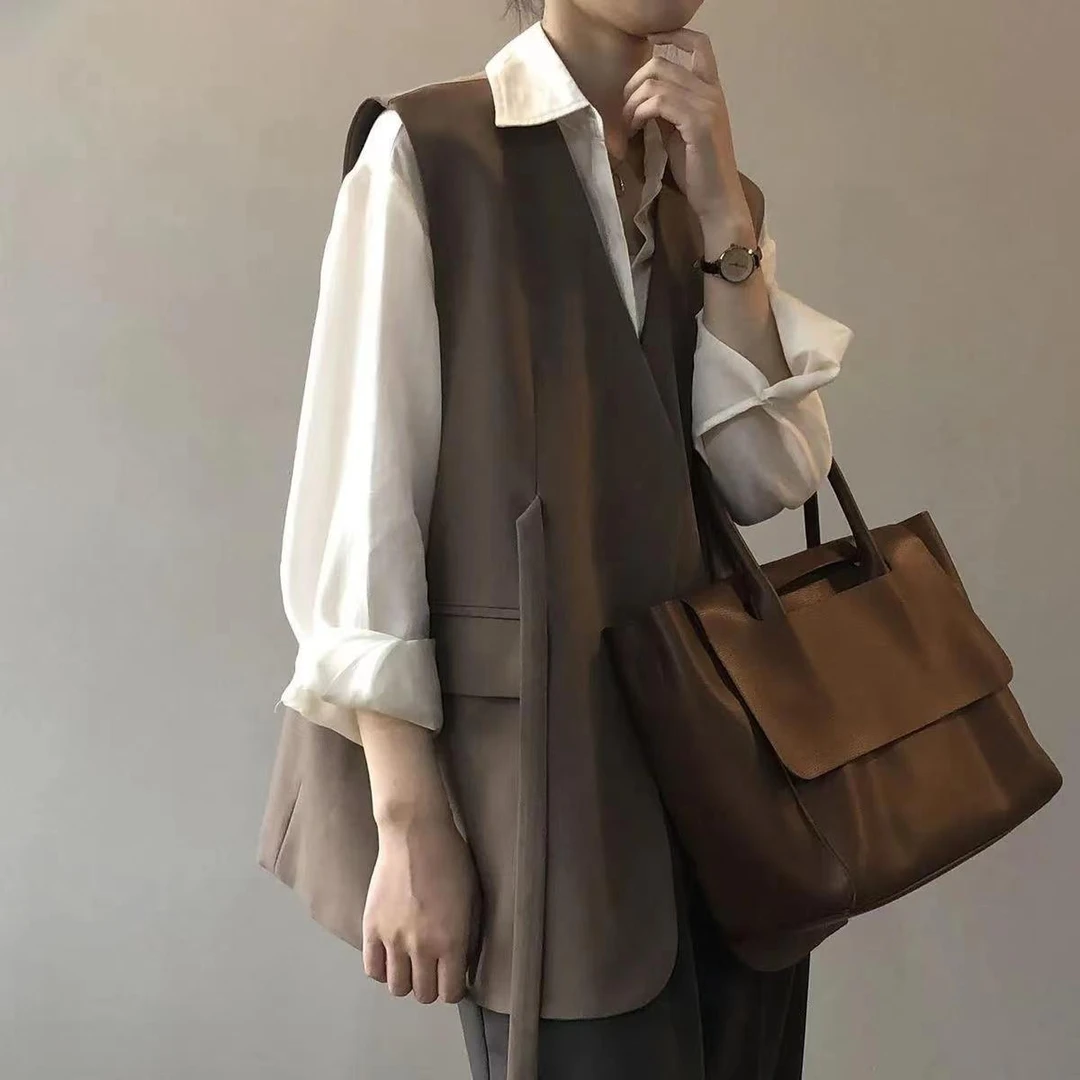 无领西装马甲女咖色V领外搭ins西服系带马夹外穿潮流