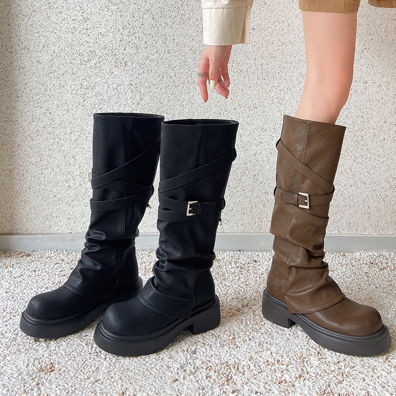 废土风长筒靴棕色美拉德长靴女厚底高筒裤管靴秋冬西部牛仔靴