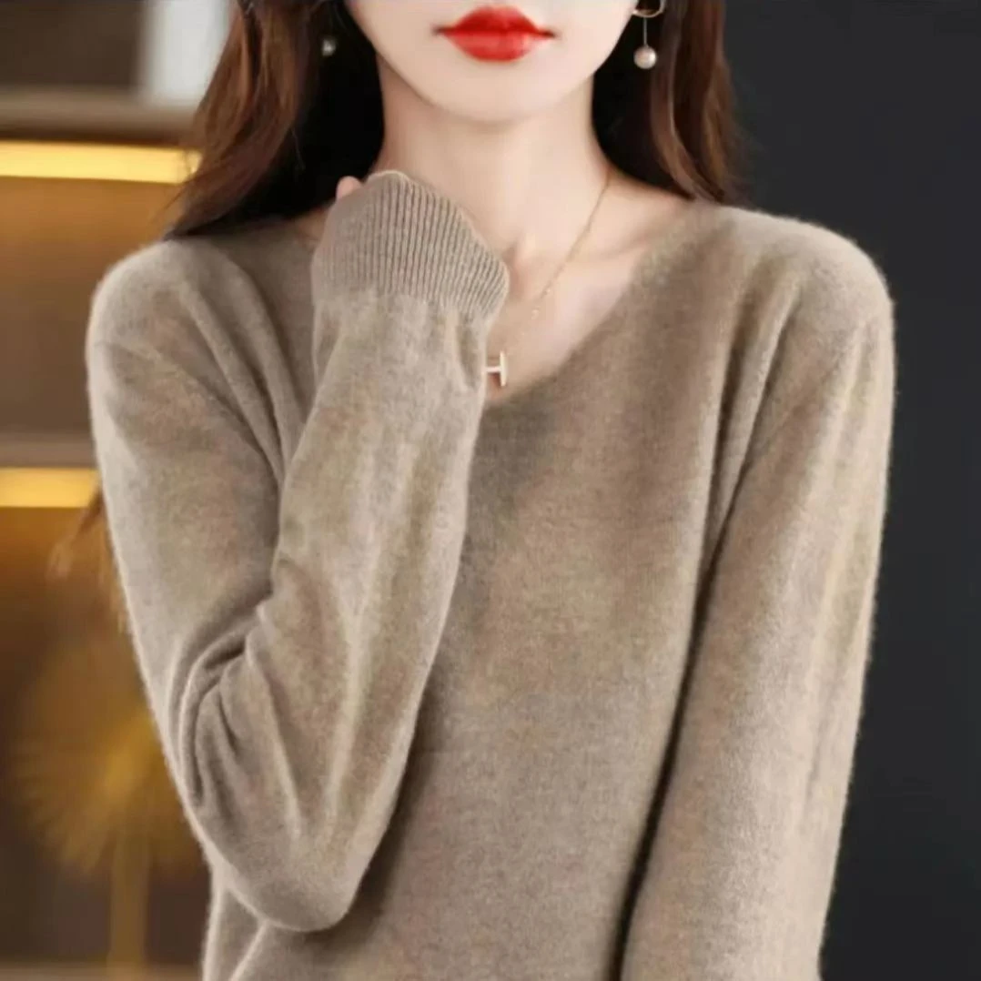 一线成衣羊毛衫女套头V领毛衣短款修身内搭100%纯羊毛针织打底衫