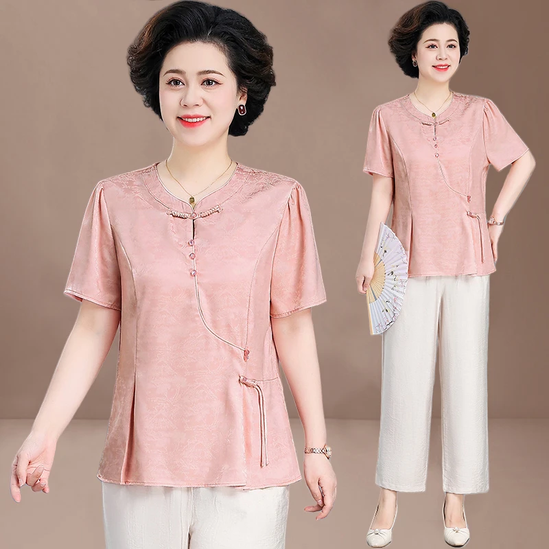 中年妈妈夏装中式国风短袖小衫洋气中老年女装大码衬衫上衣服套装