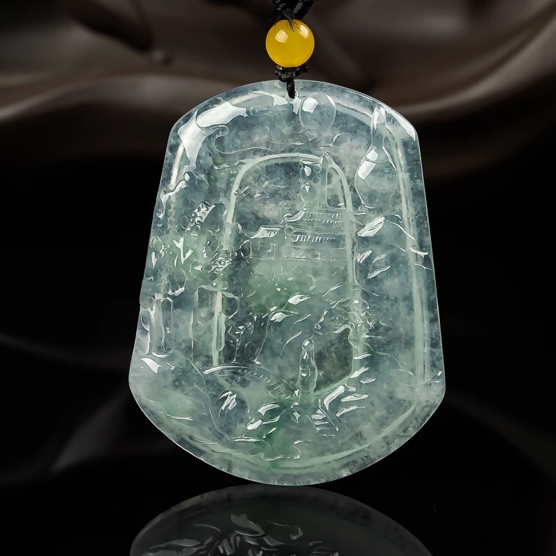 天然缅甸翡翠A货高冰飘花山水55.4.-43.5-4.8mm