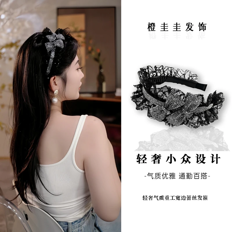 春夏新品高级双蝴蝶结发箍时尚复古法式轻奢气质重工宽边蕾丝发饰