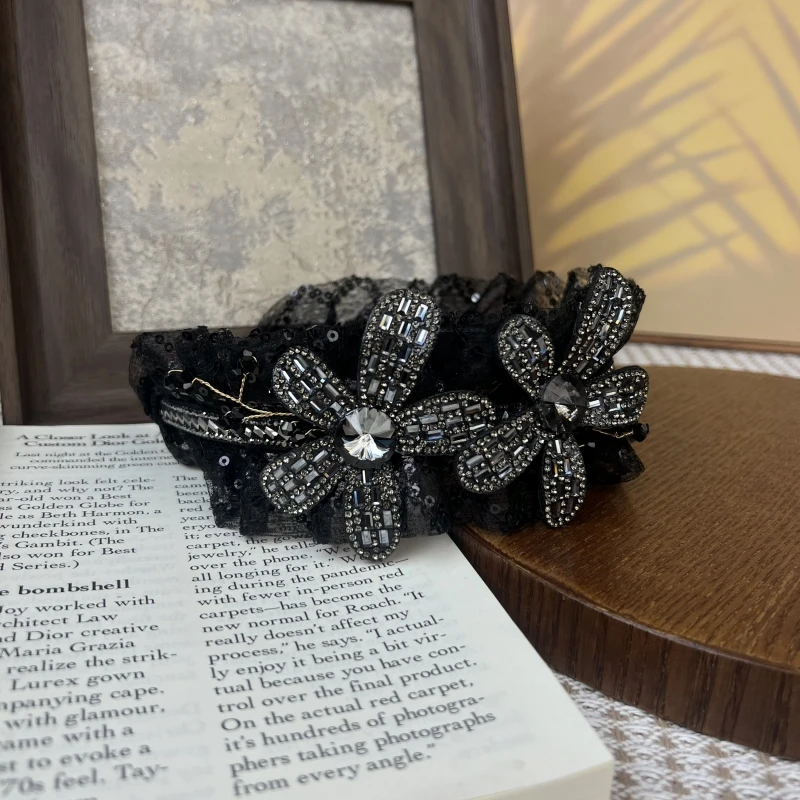 轻奢网纱高级感发箍黑色花朵时尚水钻高颅定气质优雅百搭头饰发卡