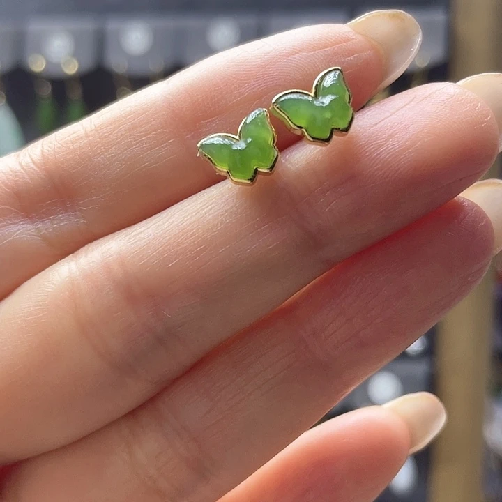 和田玉耳饰银S925镀金镶嵌