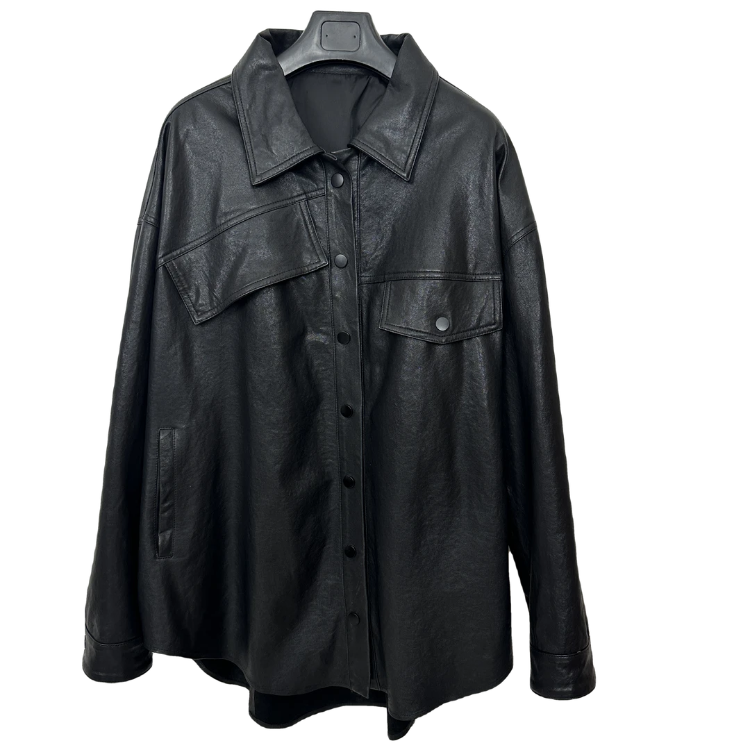 2024欧货中长款宽松休闲真皮衬衫女设计感植鞣绵羊皮潮流时尚百搭