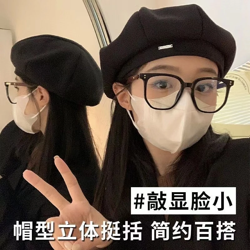 黑色贝雷帽子女新款秋冬大头日系英伦ins春秋显脸蓓蕾八角画家帽