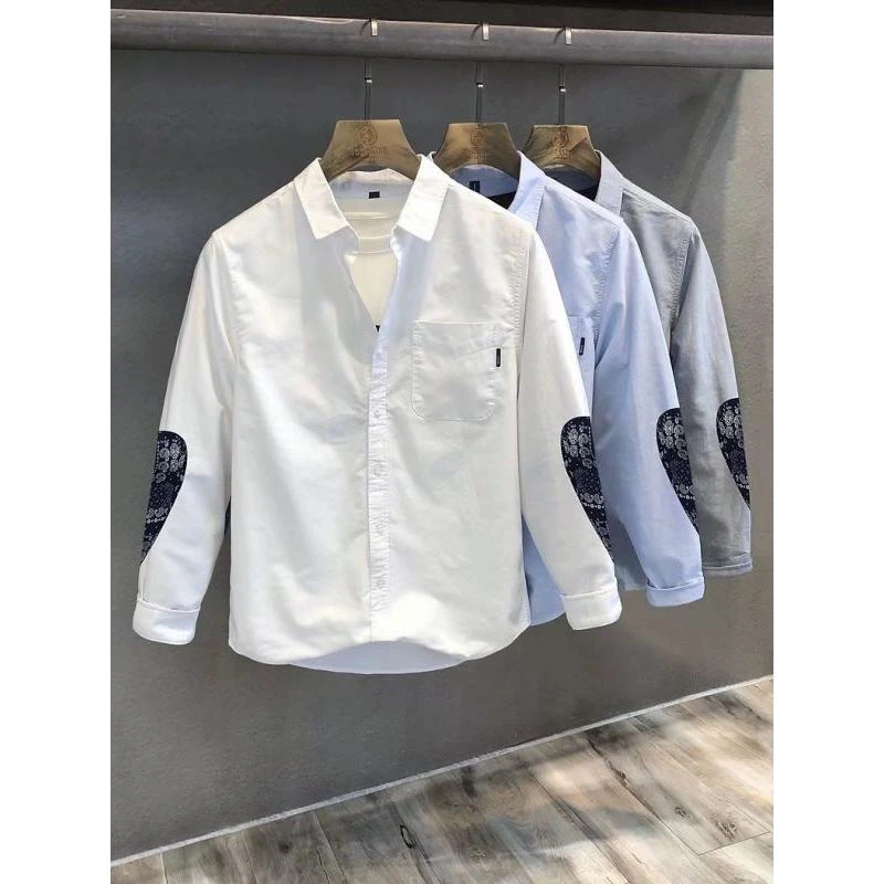 网红潮牌腰果花拼接潮牌白色小众衬衫男士长袖港风日系痞帅衬衣男
