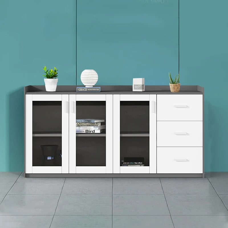 办公茶水柜简约现代透明文件矮柜落地柜大容量储物玻璃资料柜收纳