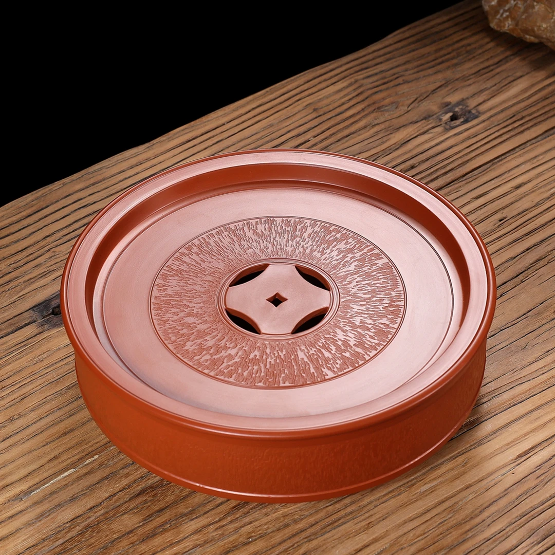 潮州传统朱泥功夫茶盘跳刀家用手工圆形红泥紫砂茶船10寸12寸茶海