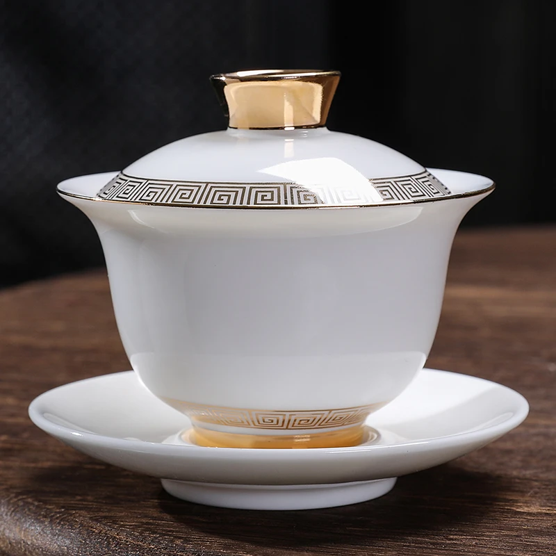 德化羊脂玉白瓷单个盖碗茶杯高档陶瓷大号泡茶器家用功夫三才茶碗