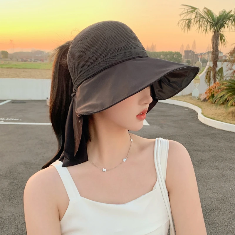 2024韩版夏季帽子女网眼透气防晒大沿渔夫帽户外披肩空顶太阳