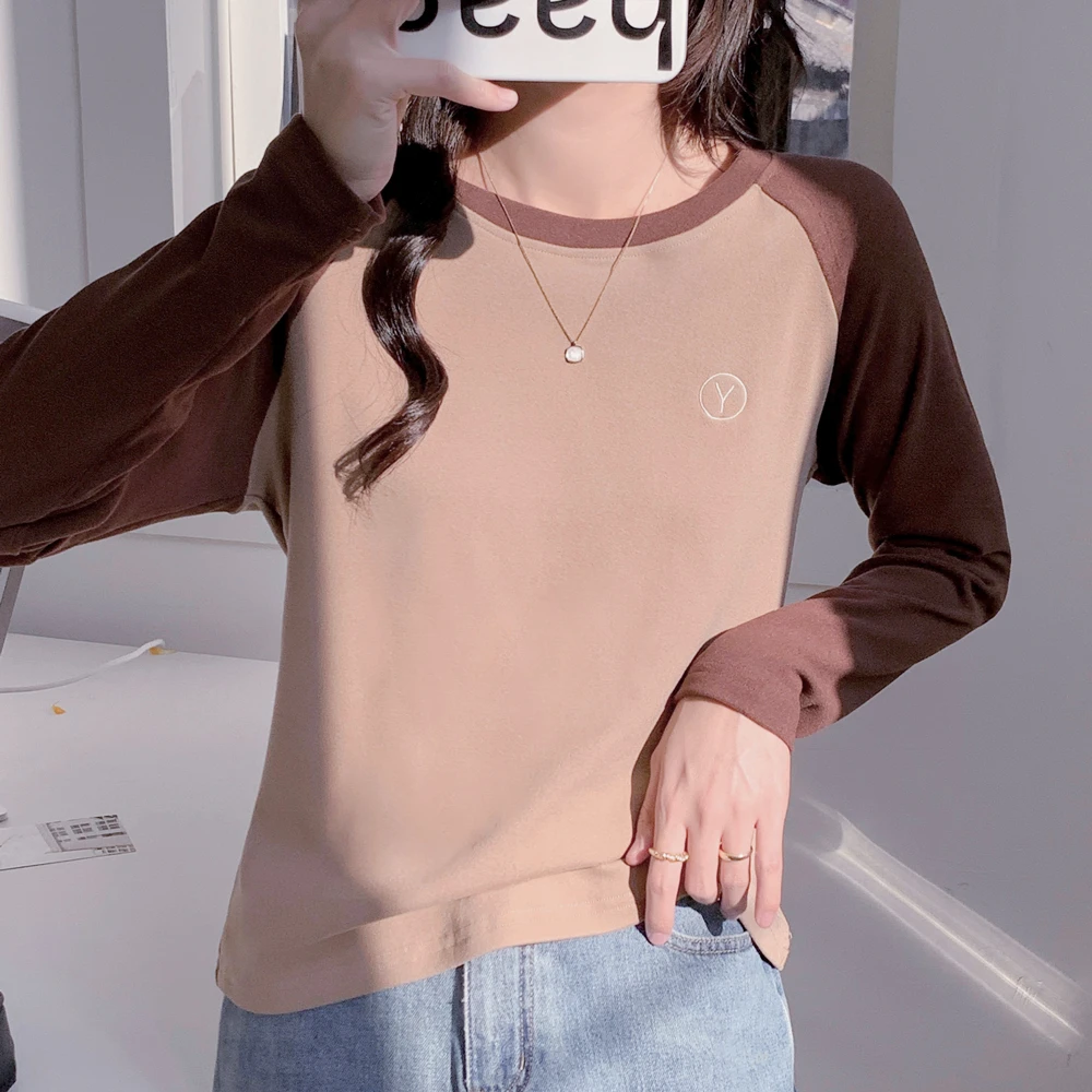 秋冬保暖精品加密双面磨毛绒插肩袖刺绣打底衫长袖T恤女可外穿