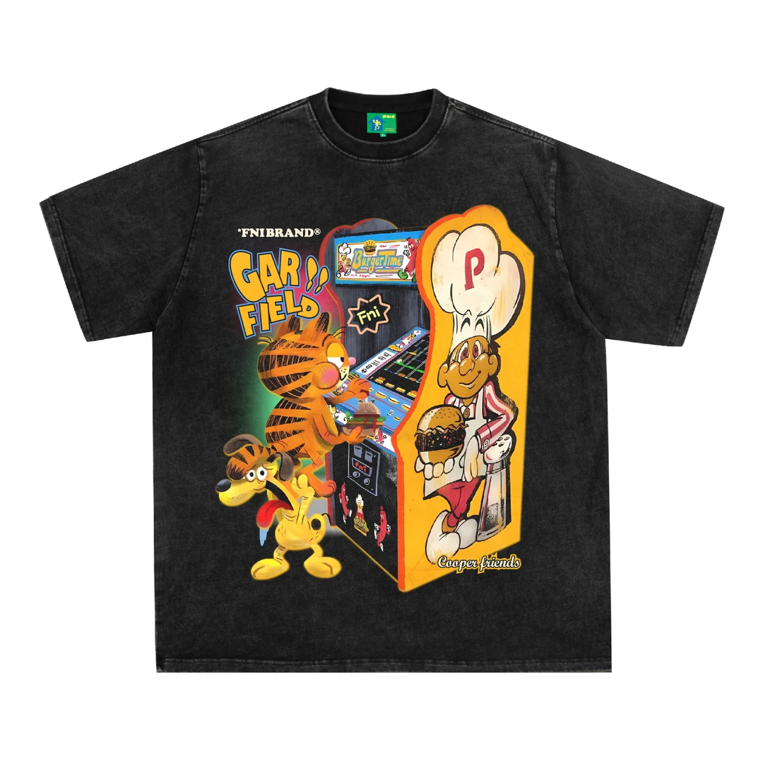 FNI主理人-（加菲猫）街头复古水洗纯棉夏短袖国潮流男女同款