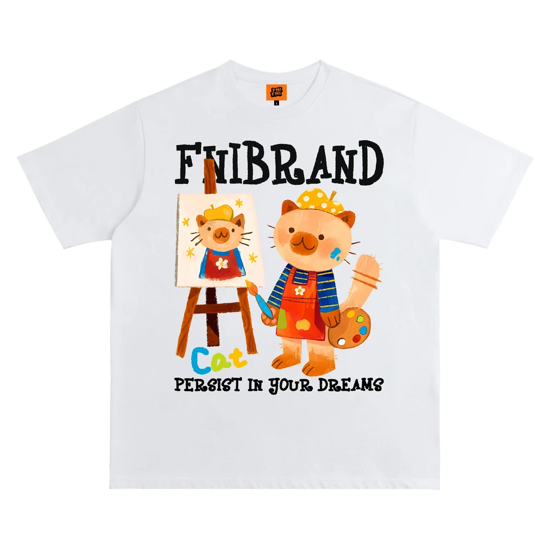 FNIFNI（画猫）男女同款t恤美式复古纯棉短袖上衣24圆领新款