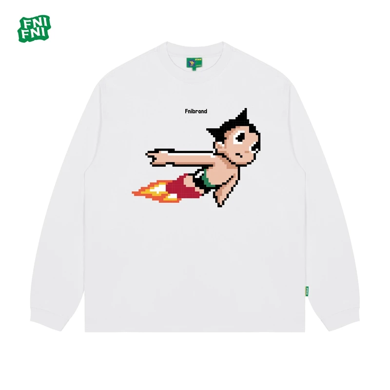FNI国潮重磅纯棉（像素阿童木）男女同款t恤美式圆领长袖新款发泡
