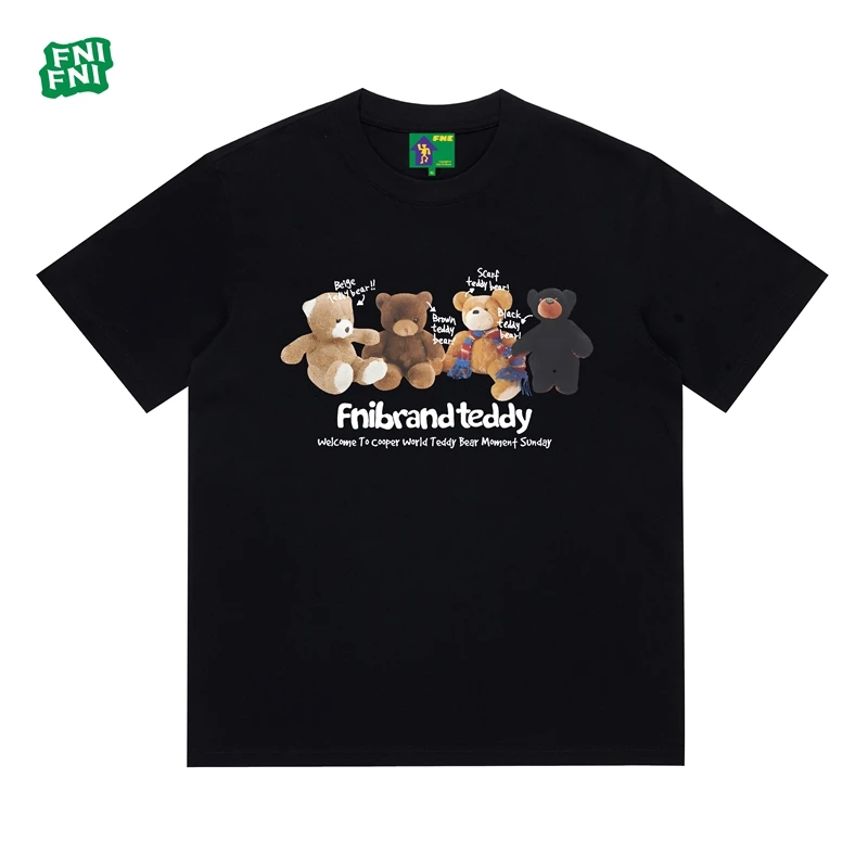 FNI国潮重磅纯棉（四只布偶熊）男女同款t恤美式复古短袖24新款白墨