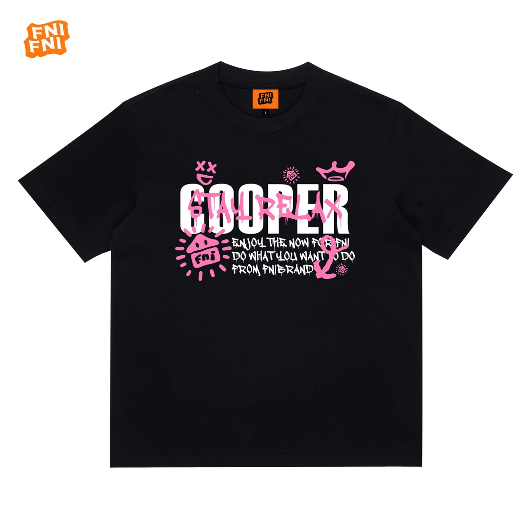 FNIFNI（艺术字母）男女同款t恤美式复古纯棉短袖24潮新款白墨