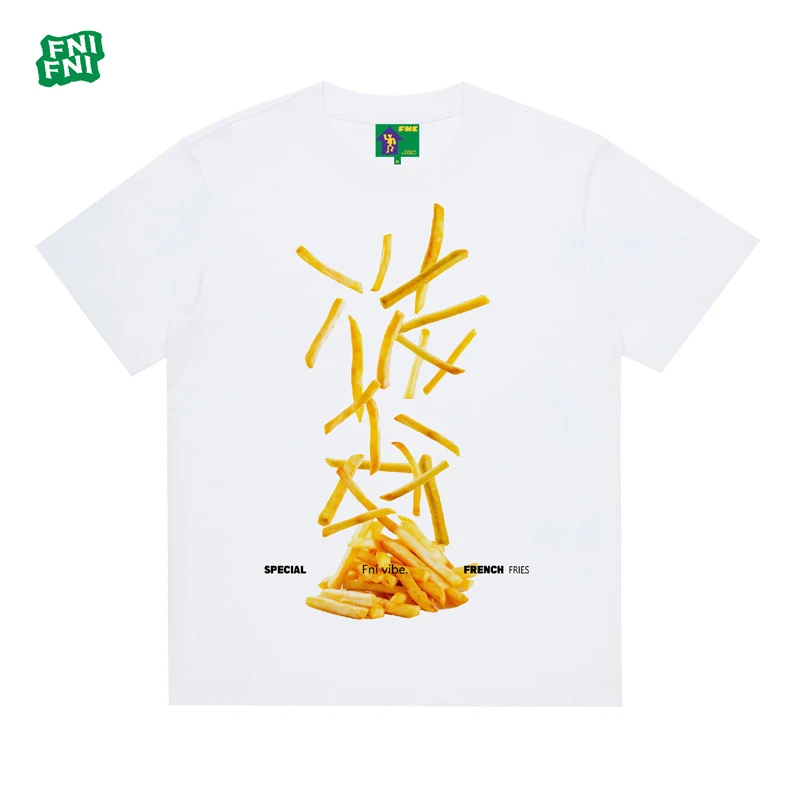 FNI国潮重磅纯棉（薯条）男女同款t恤美式复古短袖24新款白墨