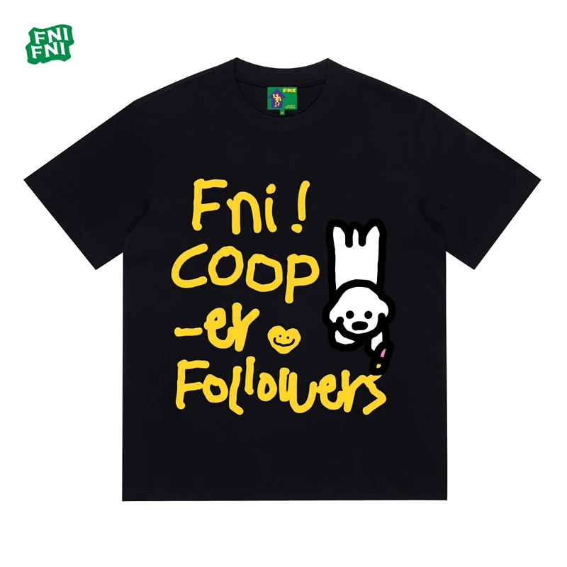 FNI国潮重磅纯棉（写字小狗）男女同款t恤美式复古短袖24新款白墨