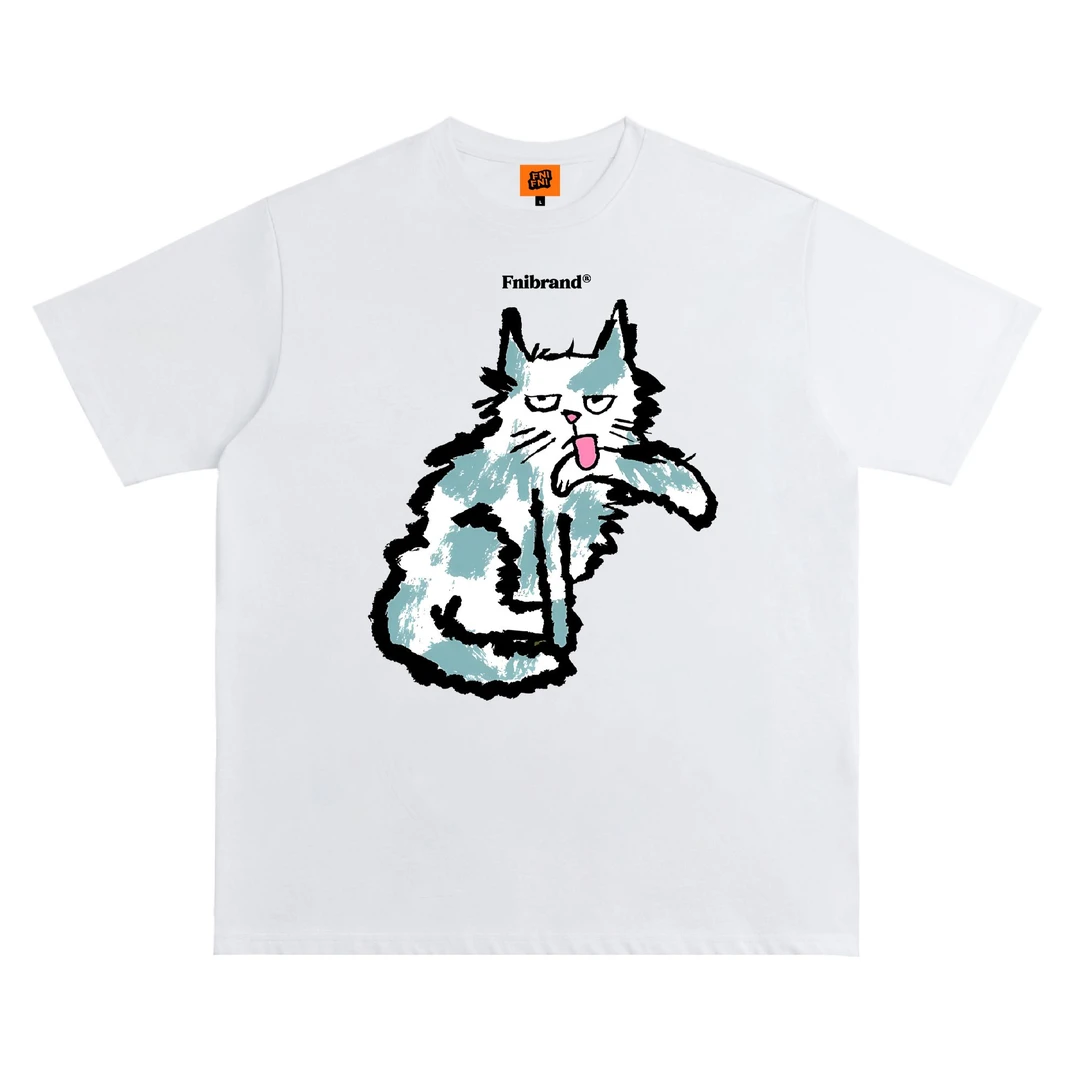 FNIFNI（虚脱猫）男女同款夏季t恤美式复古纯棉短袖上衣24新款