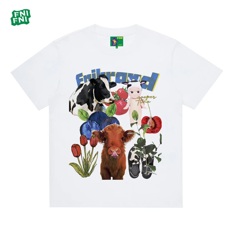 FNI国潮重磅纯棉（奶牛牛宝宝）男女同款t恤美式复古短袖24新款白墨