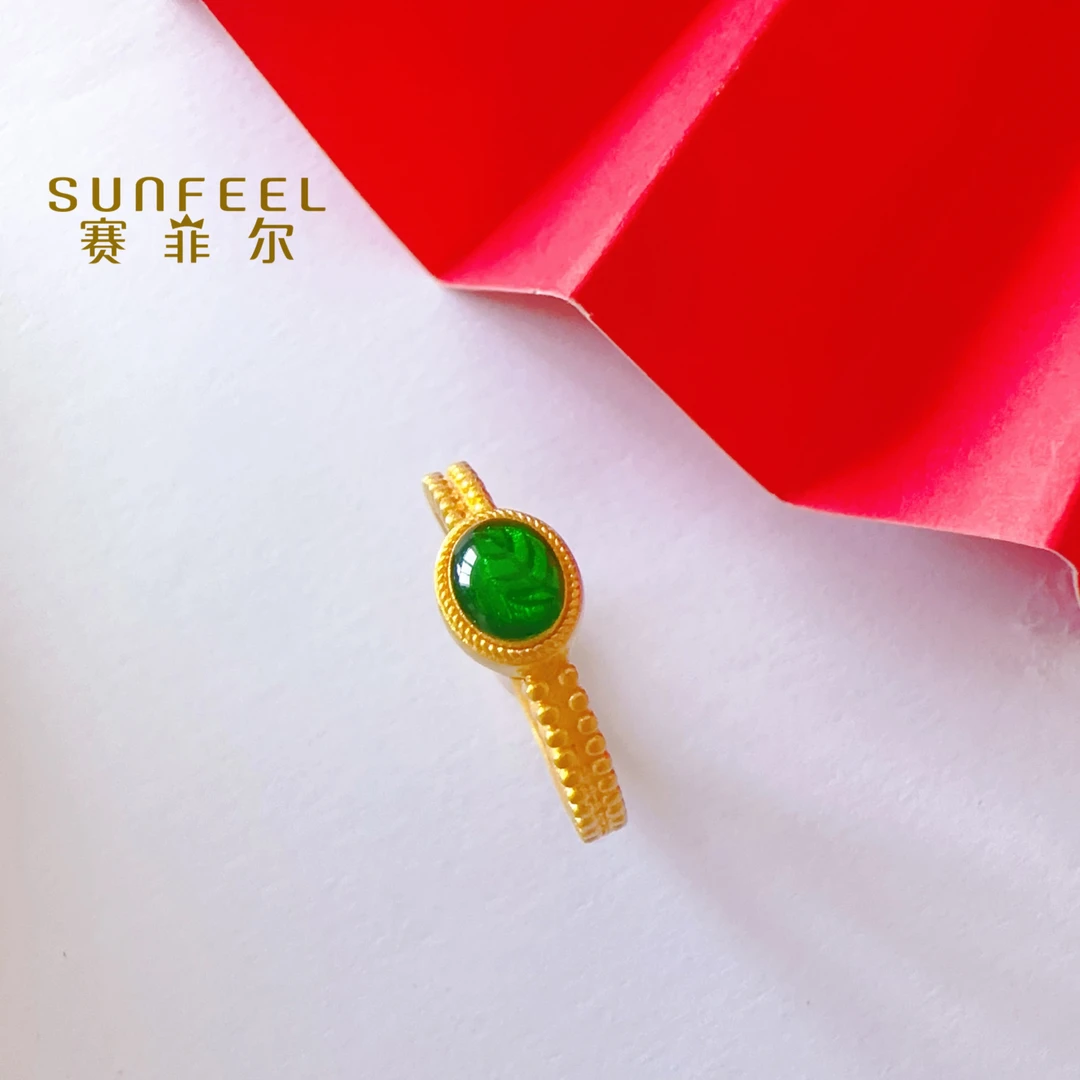 【赛菲尔万足】999.9足金古法珐琅绿叶戒指黄金戒指