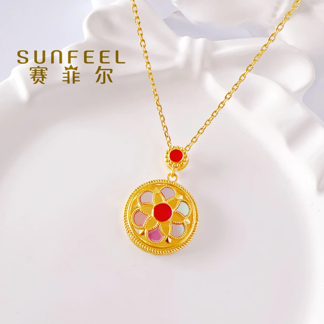 七夕福利【赛菲尔万足】999.9足金珐琅罗盘万花筒黄金项链套链