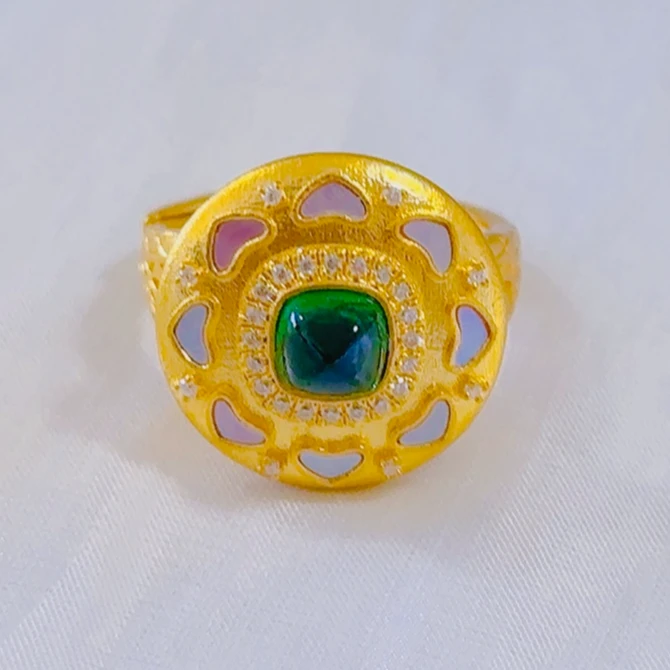 【赛菲尔年货节补贴活动款】足金绿宝古法螺钿爱心糖塔黄金戒指中古