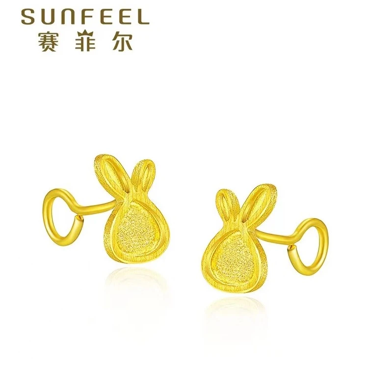 【赛菲尔万足】足金999.9黄金歪耳兔耳钉精致设计黄金耳钉珠宝礼物