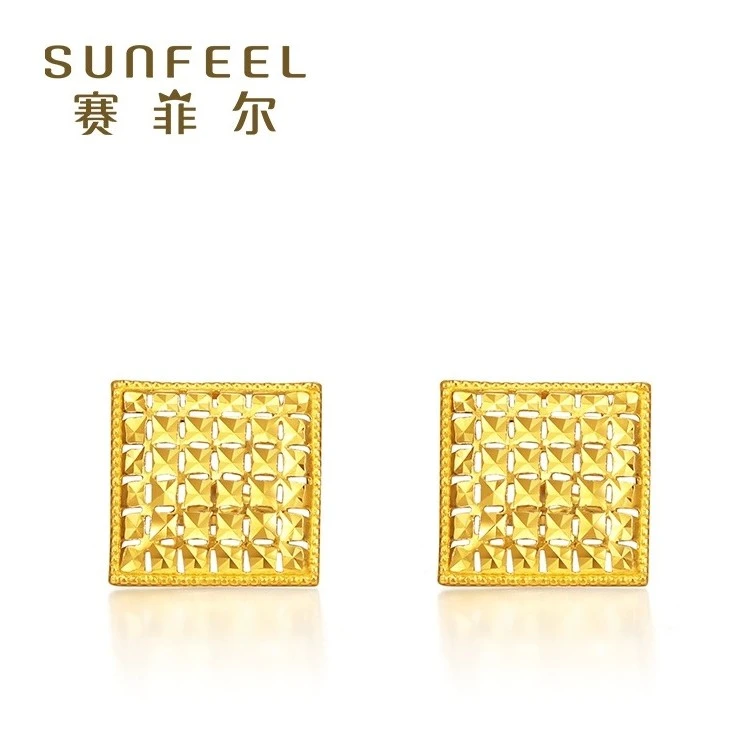 【赛菲尔万足】足金999.9方形耳钉几何满天星黄金耳环女孩节日礼物