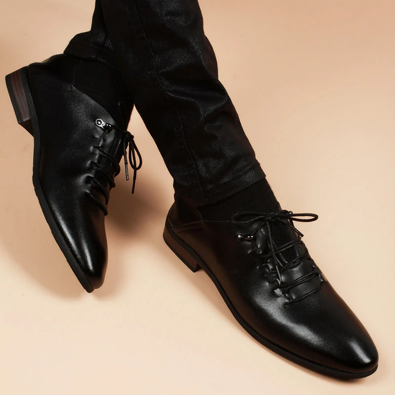 皮鞋男春季韩版青年黑色软皮商务正装真皮鞋子尖头内增高休闲男鞋