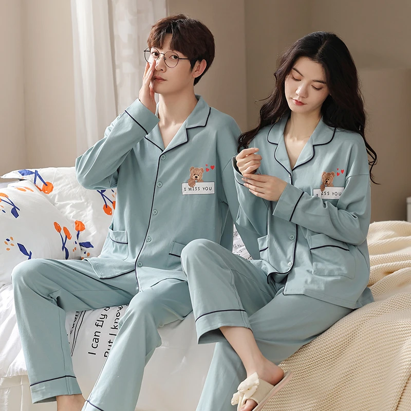 情侣睡衣女春秋季棉质长袖开衫男士宽松大码秋冬可外穿家居服套装