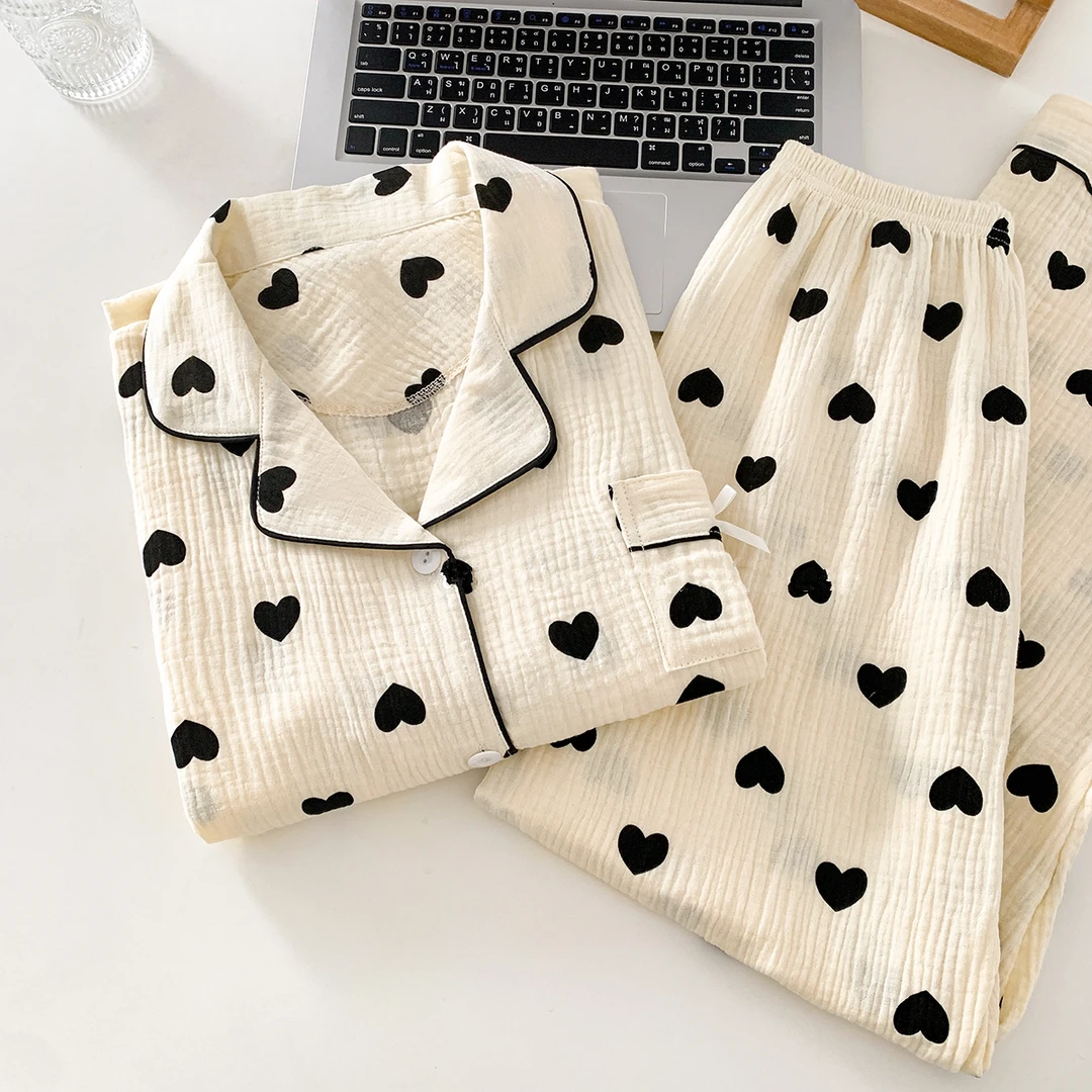 满印爱心睡衣女春秋款2025新款套装家居服柔软甜美可外穿两件套装