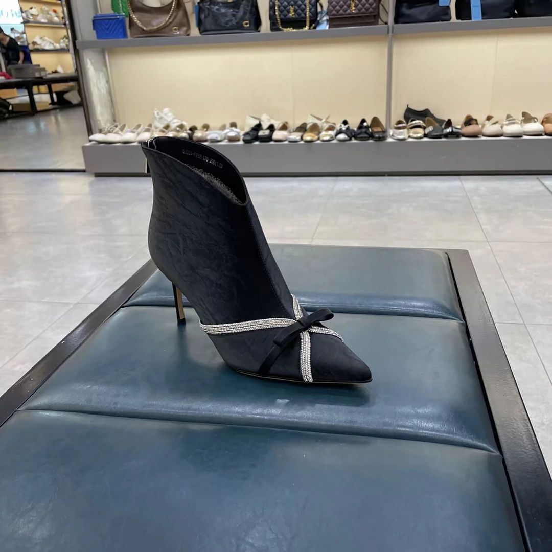 波斐a545新款秋冬加绒短靴女气质国风丝绸牛皮旗袍蝴蝶结高跟靴