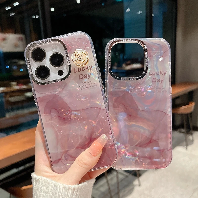 ins高级感贝壳纹晕染立体山茶花适用iphone15Pro/14防摔手机壳