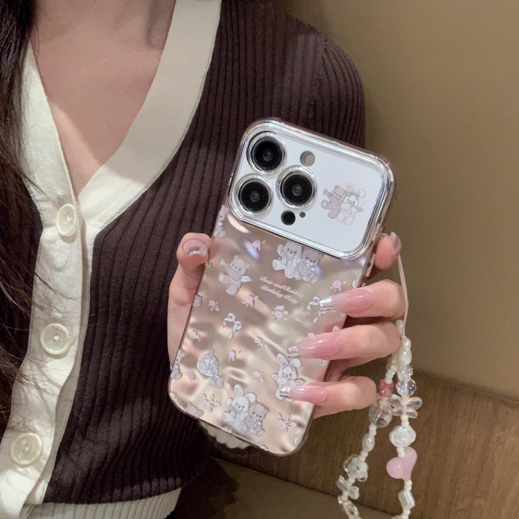 适用粉色电镀小熊兔子带链条iPhone15手机壳可爱趣味苹果13防摔