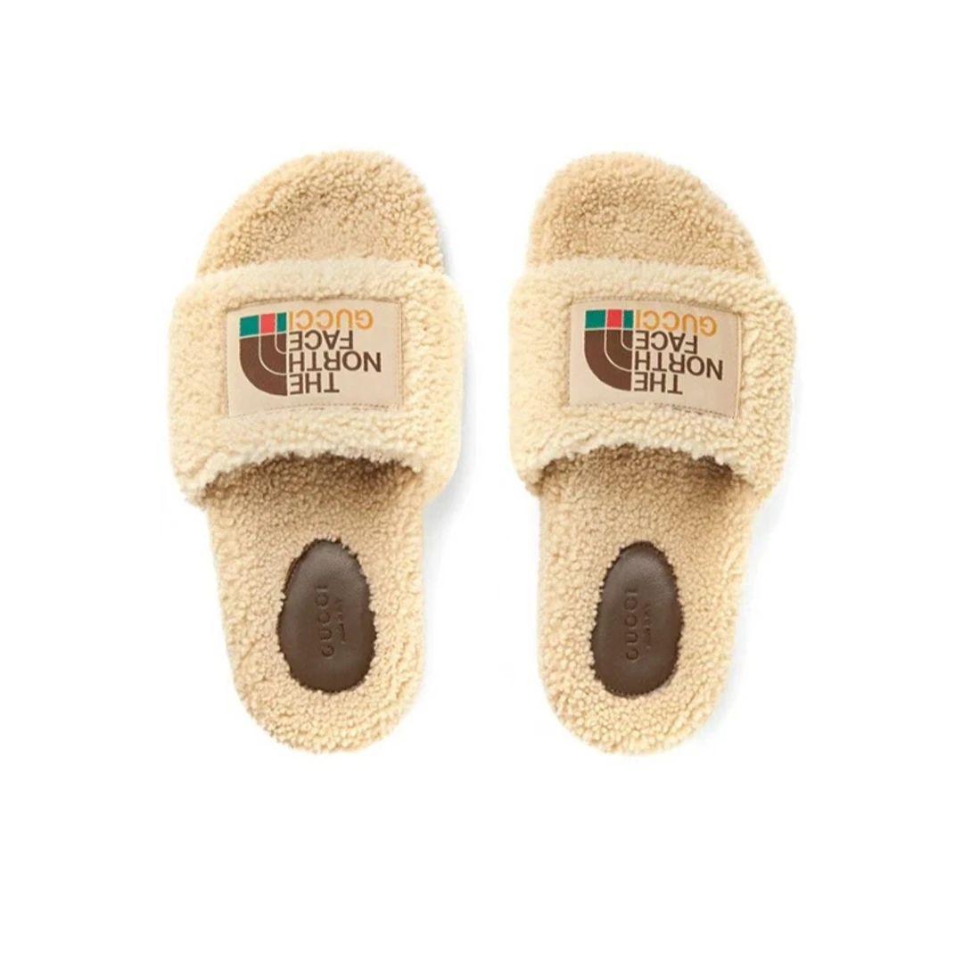 全新未使用 GUCCI/古驰  tnf联名拖鞋 毛绒时尚女拖鞋 米色