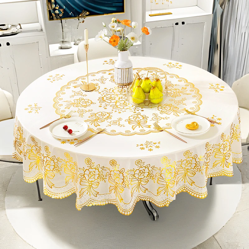 欧式加厚防水防油防烫免洗圆形桌布家用PVC烫金餐桌布网红圆桌布