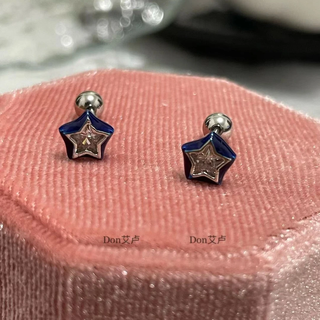 钛钢耳饰 蓝色滴油五角星耳骨钉螺丝拧扣耳钉女甜酷耳蜗钉耳饰