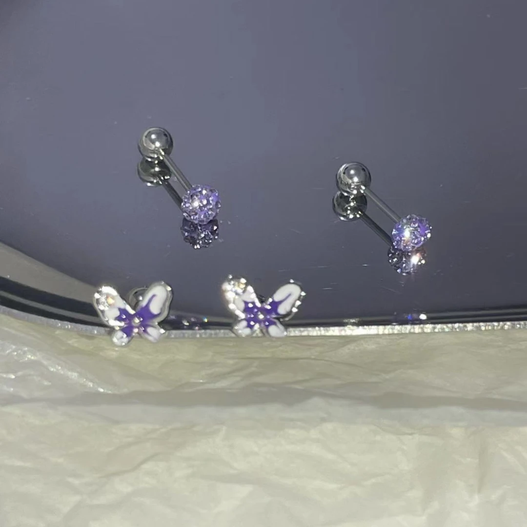 钛钢耳饰 绝美紫色滴油蝴蝶耳钉女钻球耳骨钉耳蜗钉小众耳饰超仙